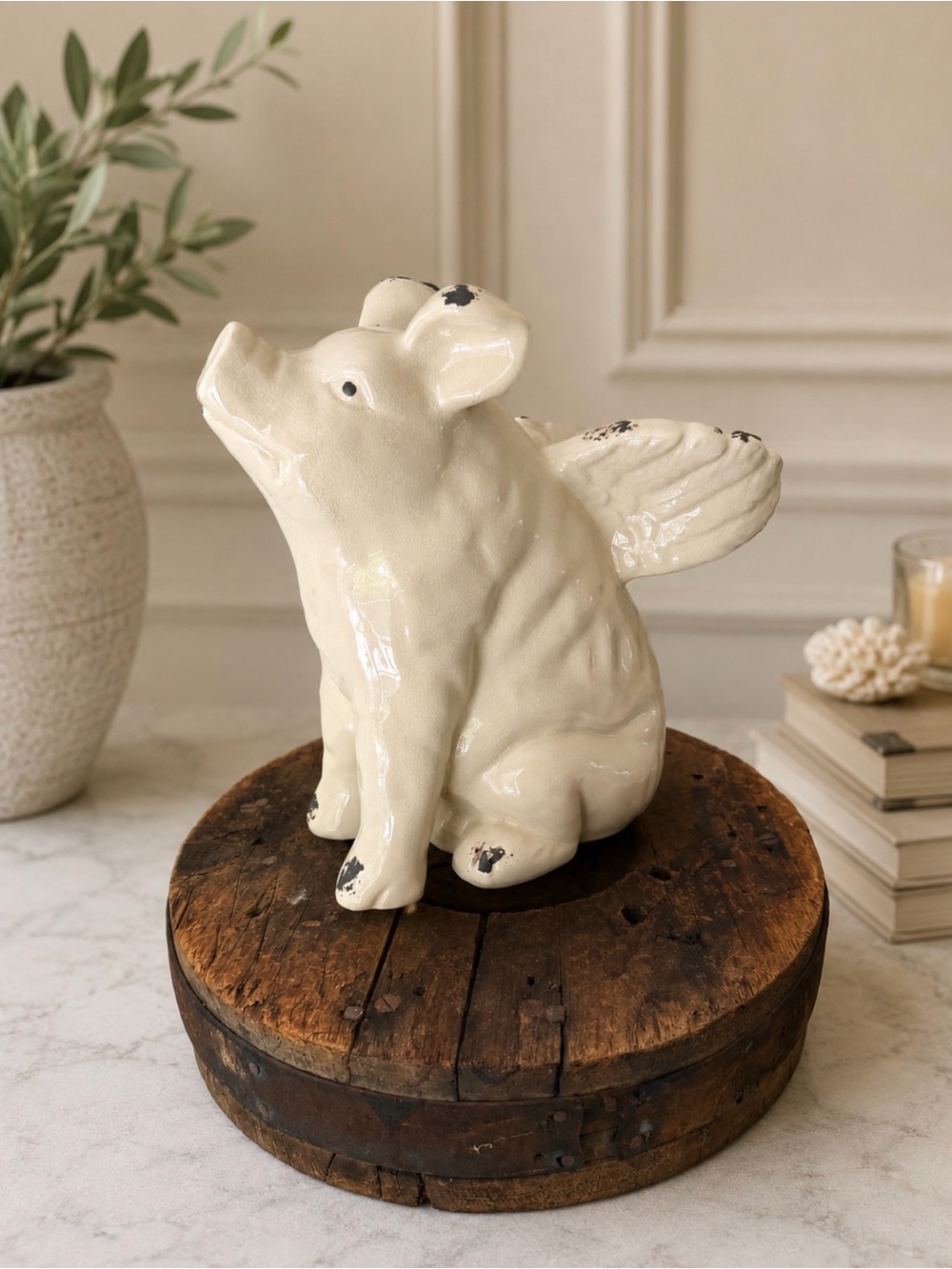 🐷🪽 Large Cream Ceramic Pig | Decorative Home Art